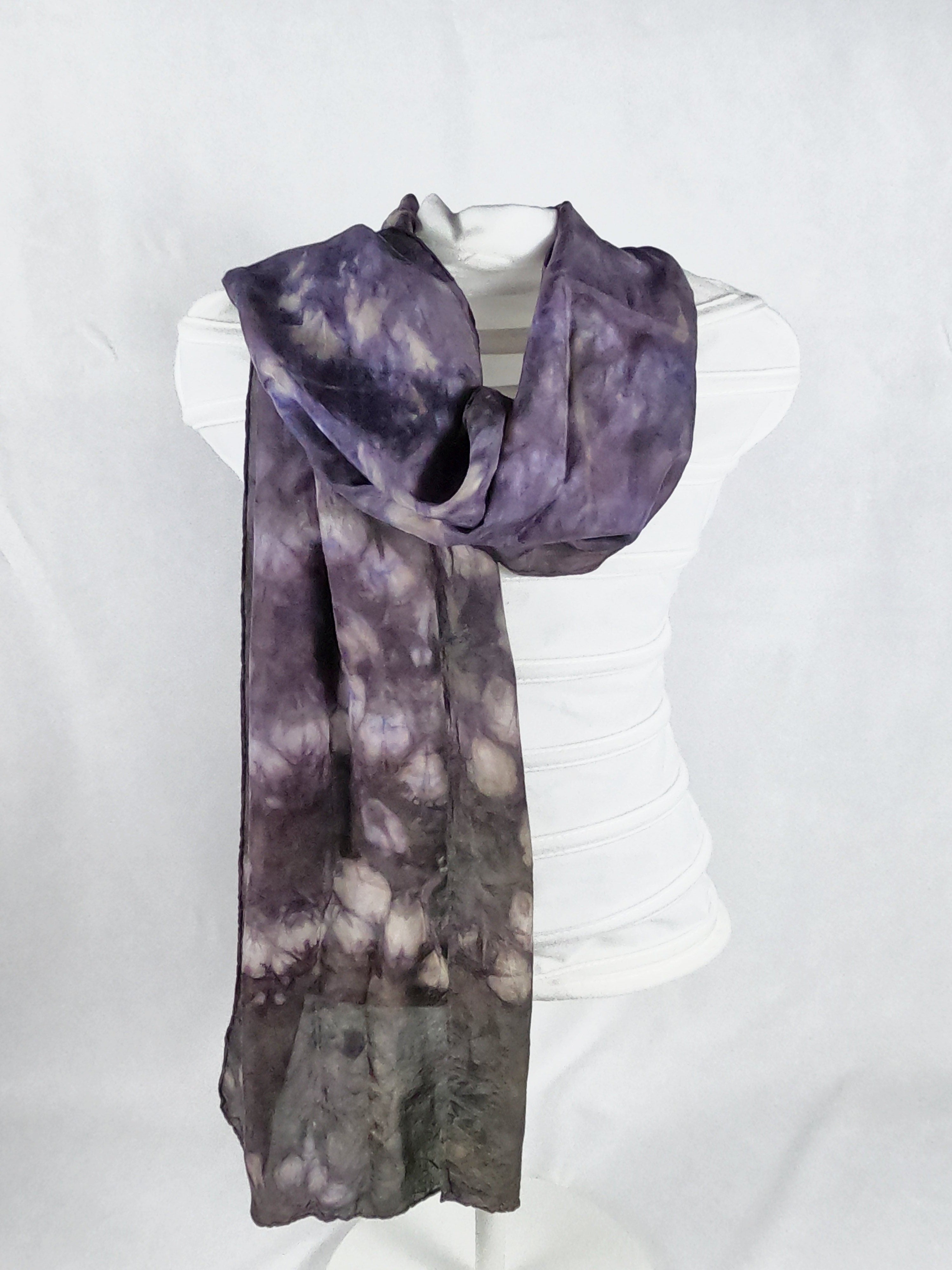 Silk hand dyed logwood tied shibori scarf